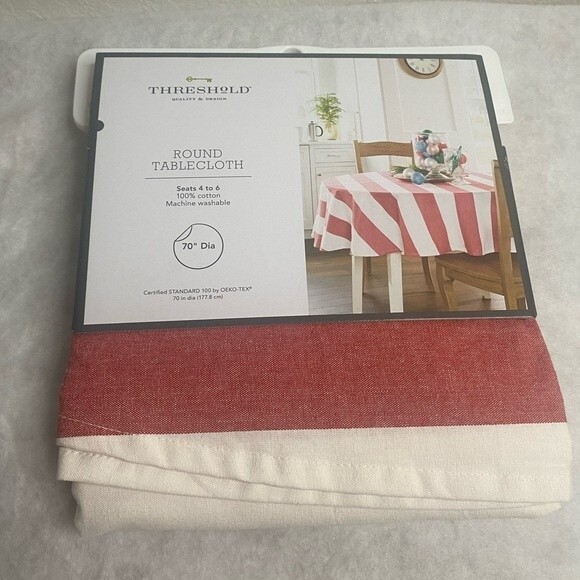 NEW Red Stripes Round Tablecloth 70” diameter Holiday Farmhouse Rustic Home - Picture 1 of 3